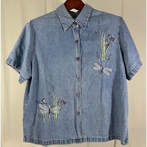VTG BLAIR Denim Embroidered Floral Dragonfly Short Sleeve Button Up Shirt XL